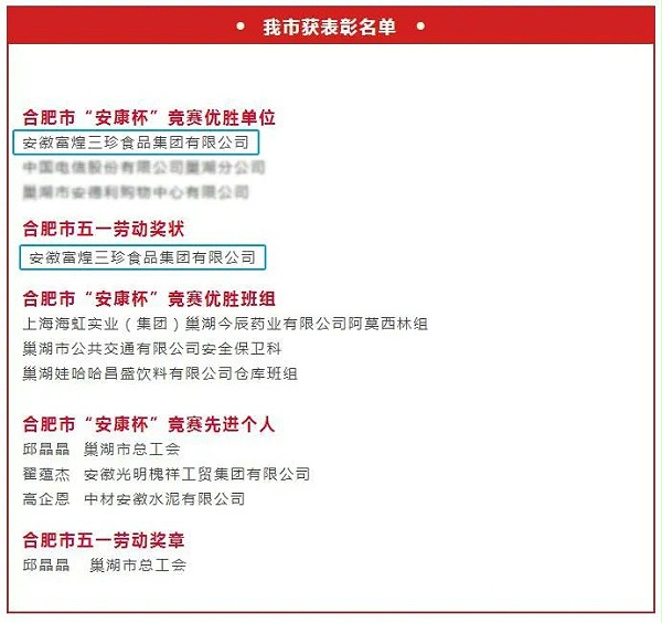 合肥市“安康杯”揭晓，富煌三珍喜获多项荣誉