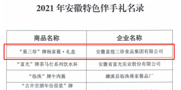 “巢三珍杨家酱”入选2021年安徽特色伴手礼名录