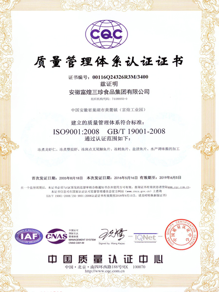 ISO9001质量管理体系证书2016年