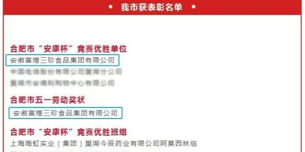 合肥市“安康杯”揭晓，富煌三珍喜获多项荣誉